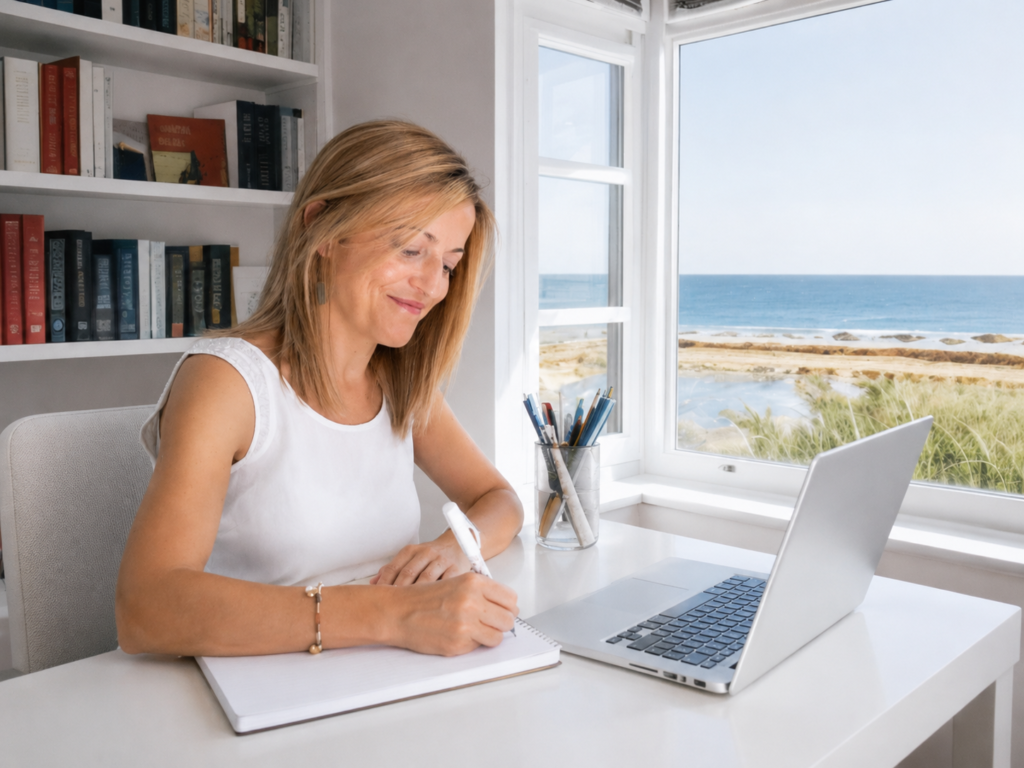 Chelo Sánchez estudiando y escribiendo en un escritorio junto al mar, con portátil, librería y vistas a la playa.